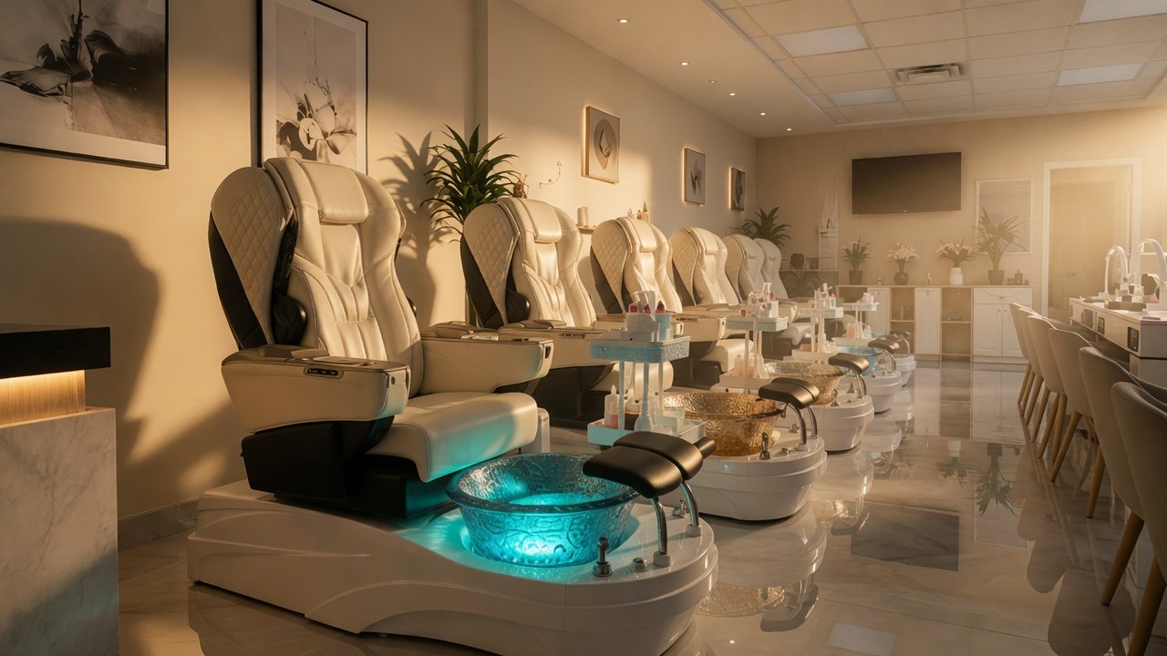 Espace pédicure avec fauteuils spa et lumière naturelle